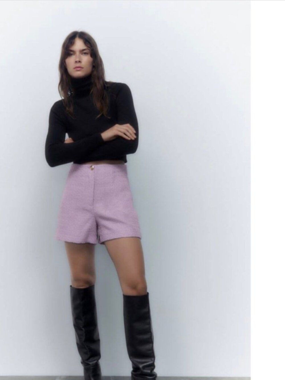 Zara Lavender Tweed High-Waist Shorts with Gold Button